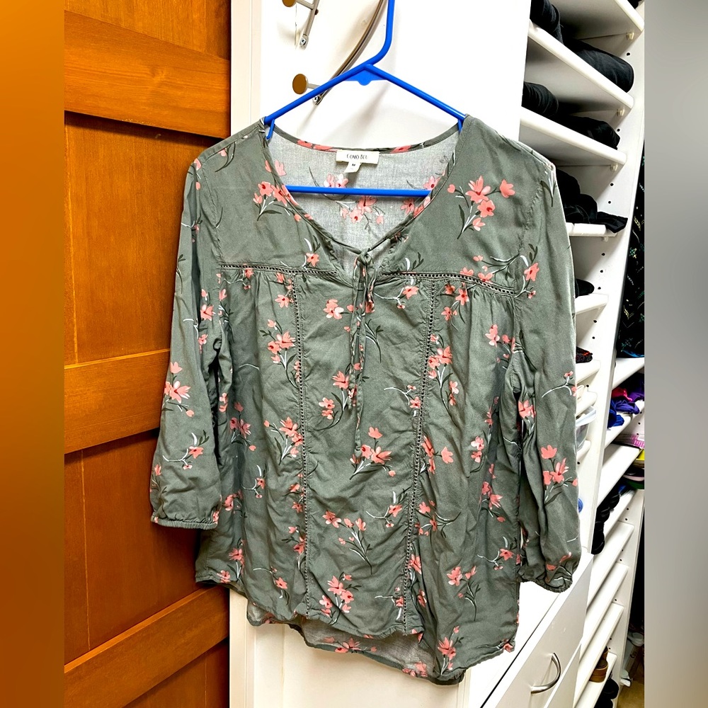 Sage Green and Pink Flower Bohemian Top